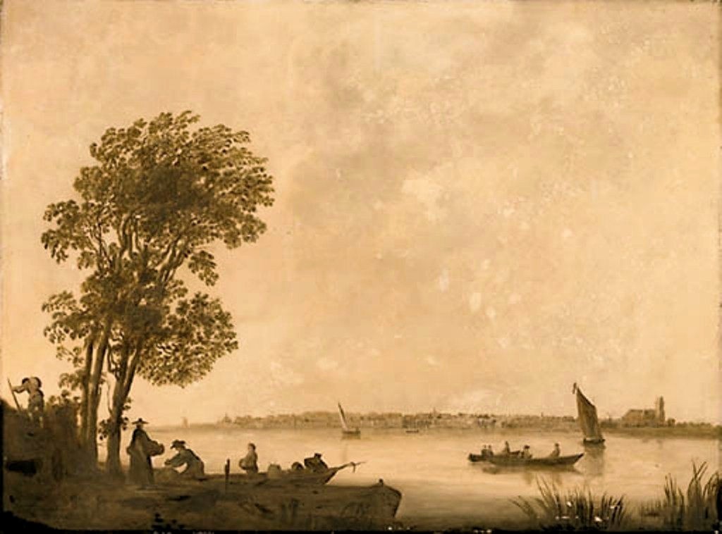 Cuyp-Albert-River-Landscape-with-Peasants-unloading-Barge-Dordrecht-beyond